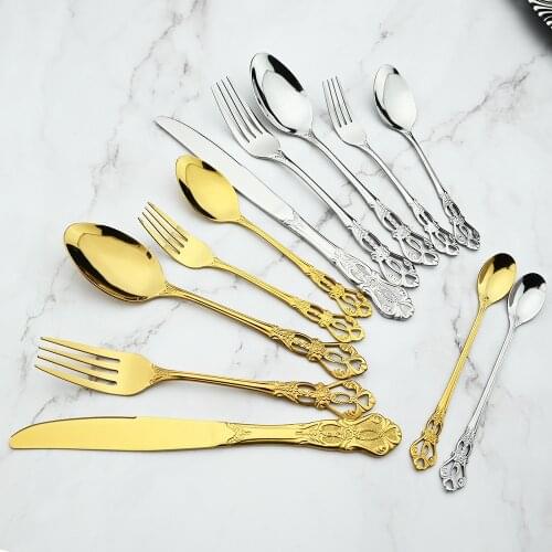 Dinnerware Set Cutlery Western Fork Long Handle Spoon Knife Stainless Steel Dinner Set Teaspoons Flatware Set Kitchen Tableware
