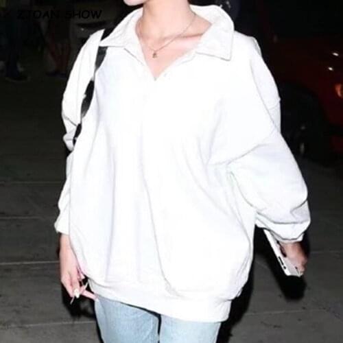 2020 Harajuku Turn down Collar Long Bat Sleeve Sweatshirt Women BF Boyfriend style Lapel Loose Hoodies Casual Jumper Sweats Tops