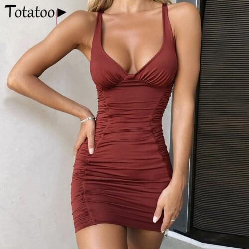 Totatoop V Neck Backless Bandage Sexy Dress For Women 2021 Ruched Bodycon Party Robe Kobieta Sukienka Summer Beach Dresses