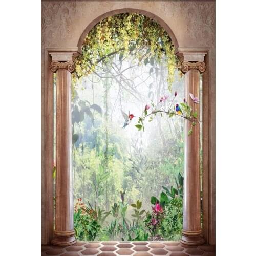 Magic Forest Photography Background Vintage Stone Pillar With Colourful Flowers And Birds Backdrop For Photo Booth Props