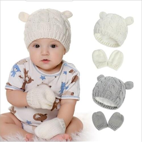Baby hat knitted hat 2020 Autumn/Winter style hat glove set cute little Ears for boys and girls