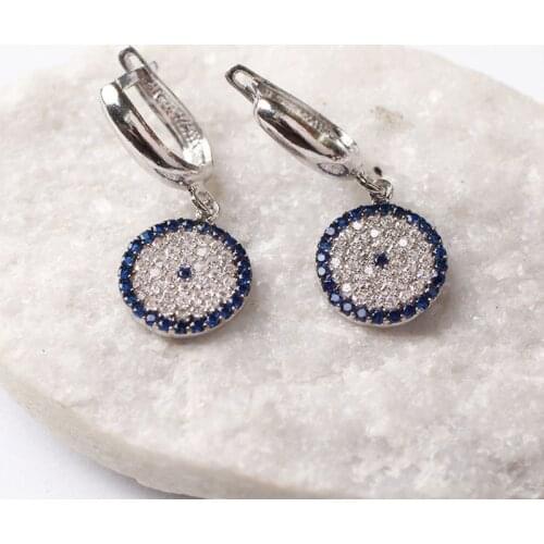 Women Handmade Blue Evil Eye Bead Zircon Earring, Handmade 925 Silver Woman Zircon Earring,Handmade Zircon Women Earring