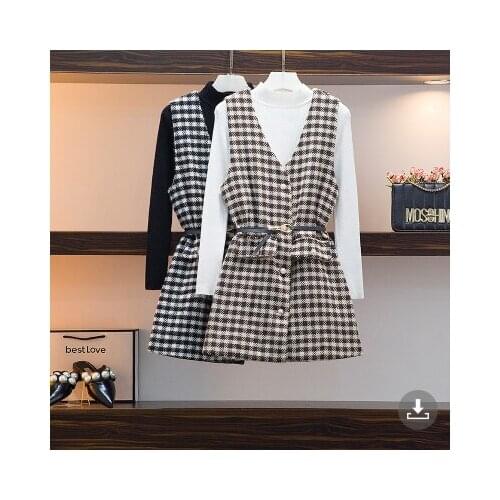 Autumn Women Two Piece Set Dress Houndstooth Plaid Single Breasted Pocket Tweed Vest Dress+Knit Sweater Top Overalls Belt