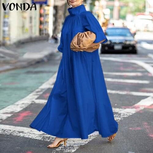 2021 VONDA AutumnDress Vintage Short Sleeve Turtleneck Party Dresses Elegant Party Robe Bohemian Vestidos Sundress