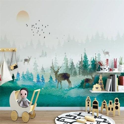 Milofi custom 3D wallpaper mural Nordic style watercolor hand painted elk forest childrens room background wall home decoration