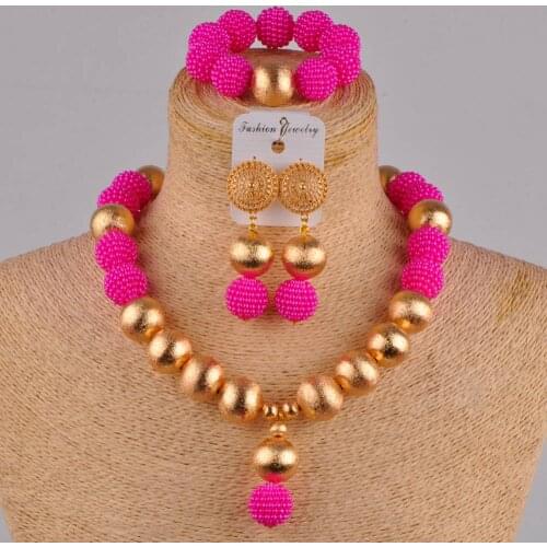 Fuchsia pink african necklace set nigerian wedding african beads jewelry set for women FZZ38-01