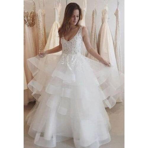 E JUE SHUNG White Lace Appliques Tiered Backless Wedding Dresses Open Back Bride Dresses Wedding Gowns robe de mariee