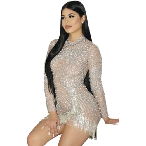 Shining Silver Pearls Rhinestones Fringes Transparent Dress Birthday Celebrate Dress Evening Prom Outfit Women Bar Dance Costume