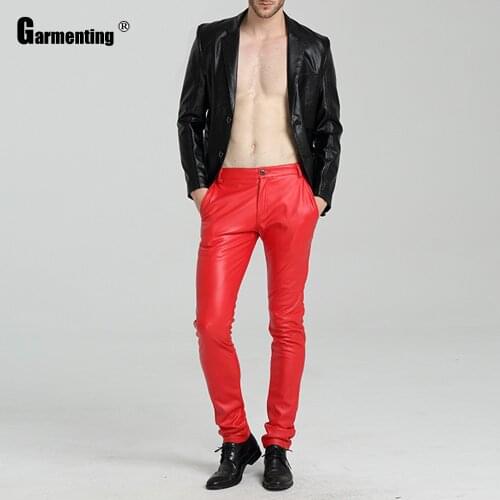 Garmenting Men PU Leather Pants Autumn Trendy 2021 Kpop Male Sexy Zipper Trousers Red Black Faux Leather Skinny Pants Streetwear