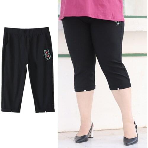 XL To 6XL Plus Size Pants Women Clothes Thin Breathable Embroidery Calf Length Summer Mother Trousers Black Robes T21203