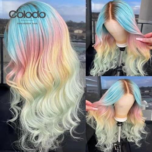 Colored Human Hair Lace Frontal Wigs Blue Rainbow Ombre Wig Human Hair Transparent Lace Wigs For Women Human Hair Brazilian