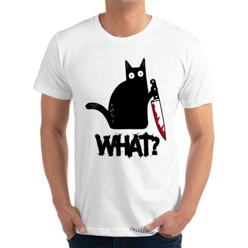 Funny Cat Men T Shirts Cat With Knife Hallow Pew Pew Cat New Retro Tops T Shirt Pure Cotton Printed Tee Shirt Custom