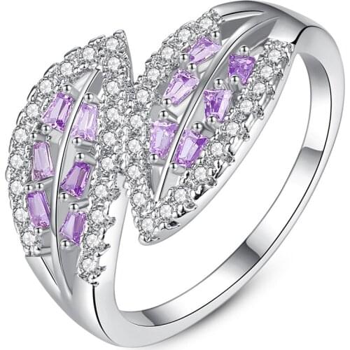 WYJZY Exquisite double-leaf micro-inlaid purple zircon ladies open ring classic bridal wedding engagement ring