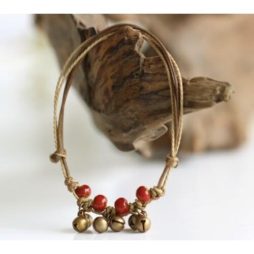 Chinese Style Ceramic Anklets Bead Glaze Multi- Colored Female Bell Handmade National Style Trend Vintage Jewelry for Women