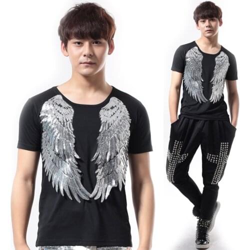 Host stage performance costume Slim sequined cotton short-sleeved T-shirt DS short-sleeved mens DJ chorus costume