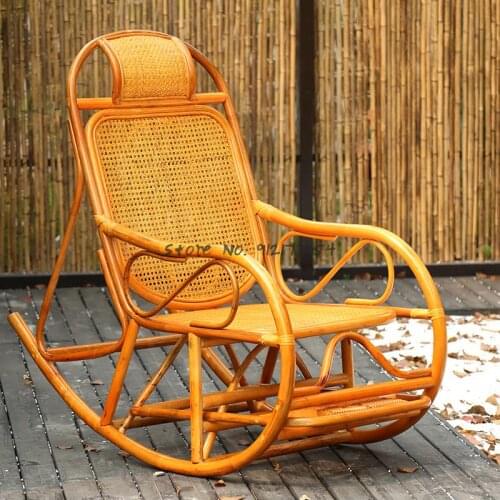 Rattan recliner rocking chair adult chair nap chair easy chair old man lunch break balcony sandal chair real rattan back rocking