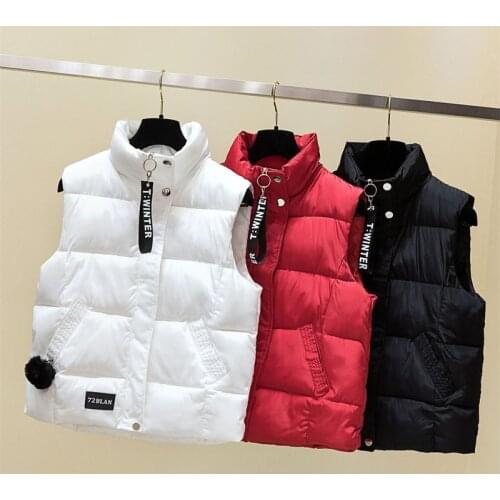 Solid Short Style Vest for Female Cotton Padded Large Size Womens Winter Sleeveless with Zipper Stand Collar Casual Jacket