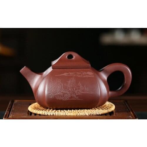 Sand Pot All Hand-made Famous Mine Purple Mud Carved Landscape Quartet Drawing Corner Pot Kungfu Teapot and Tea Set