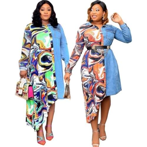 Zoctuo Casual Dresses Denim Chiffon Patchwork Print Long Sleeve Dress Shirt Girls Turn-down Collar Loose Women Clothing Spring