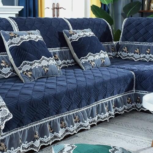 Navy Blue Luxury Thick Plush Sofa Cover Pillowcase Non-slip Cushion Soft Warm Sofa Towel Slipcover Lace Sofa Set For Living Room