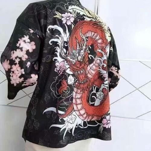 Traditional Japanese Style Men Harajuku Cardigan Kimono For Man Dragon Printed Casual Thin Retro Robe 3/4 Sleeve