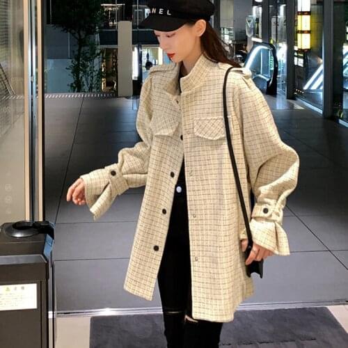 Tweed jacket plaid autumn / winter womens jacket Stand collar belt woolen coat Business ladies slim one-piece jacket coat