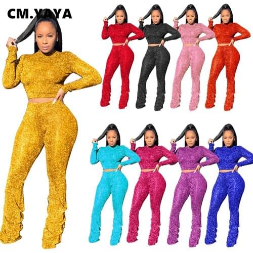 CM.YAYA Streetwear Vintage Sweatsuit Womens Set Crop Tops Stacked Flare Pants Set Active Tracksuit Two Piece Fitness Outfit Set
