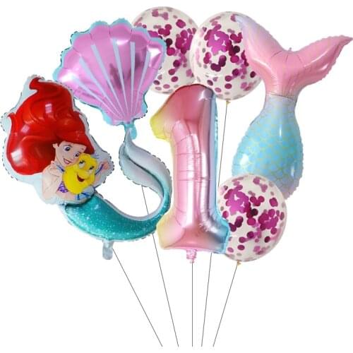 1set mermaid Ariel cartoon balloons princess foil balloon 32Inch Number baby girl pink air baloes birthday party decor kids toy