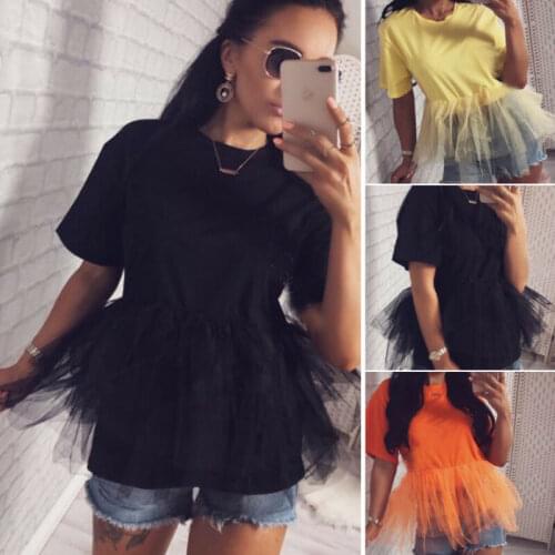 Women Summer Tulle Ruffle Short Sleeve T Shirt Ladies Loose Casual Tees Top 2019 New Arrival Female Sexy T-shirt O-neck Lace Top