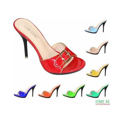 Candy Color Slippers Women Shoes Sexy Patent Leather High Heel 10.5CM Pointed Toe Sandals Shoes Women Female Wedding Shoes