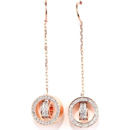 Brand 1:1 Elegant Charm Diamond Double Ring Tassel Long Earrings Sweet Temperament Ladies Silver Jewelry