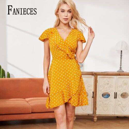 FANIECES Mini A-Line Dresses For Women 2011Summer Sweet Elegant Dot V-Neck Ruffle Short Dress Holiday Beach vestido de mujer