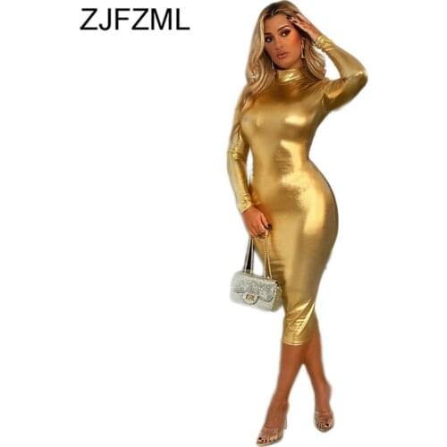 Gold Silver Color Sexy Club Party Dress Women High Necked Long Sleeve Bandage Dress Autumn Winter High Waist Package Hip Dresses