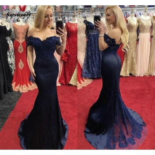 Dark Navy Mermaid Prom Dresses Off Shoulder Sweep Train Appliques Long Formal Women Wedding Evening Party Gowns Custom Made