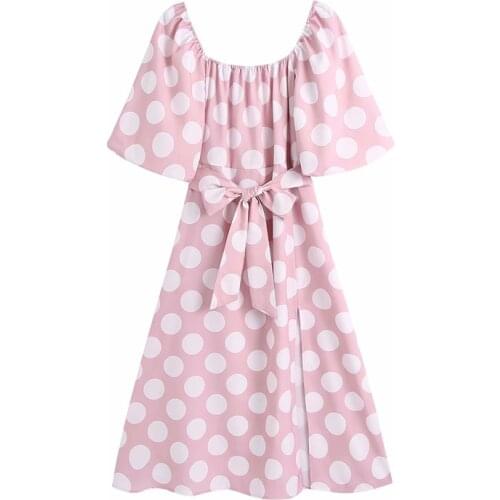 Evfer Women Vintage Square Collar Elastic Spring Pink Long Dresses Chic Lady Casual Polka Dot High Waist Dress With Belt Femme