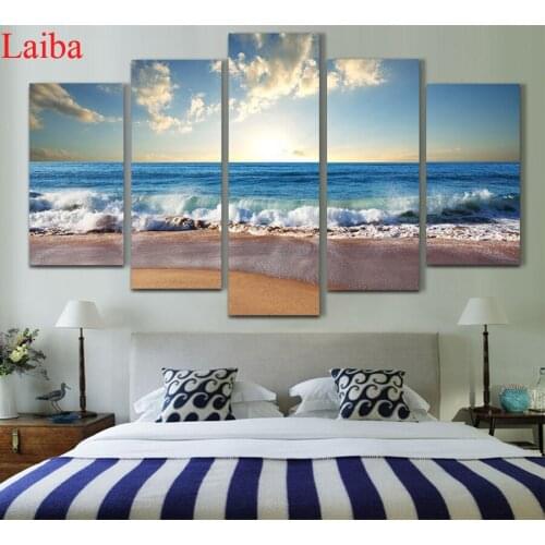 5pcs 5d Diy Diamond Painting Modern art, blue sky and white clouds beach diamond rhinestone full square drill,full round diamond