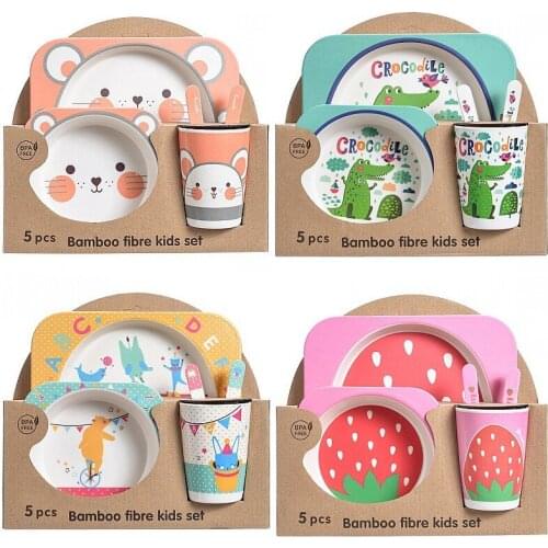 5pcs Baby Bowl Plates Safe Bamboo Fiber Dining Plate Solid Cute Cartoon Children Dishes Training Tableware Kids Feeding Bowls