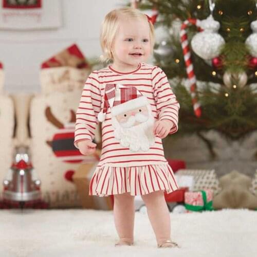 9M-5T) Girls Christmas Dress Winter Long Sleeve Striped Santa Claus Three-dimensional Christmas Hat Frilly Dress new 50