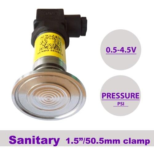 Sanitary pressure sensor, 1.5 in clamp , 5Vdc supply, 0.5 4.5V, 5, 150, 500 psi gauge, 0 600psi, absolute, 30, 50, 75 psi, IP65