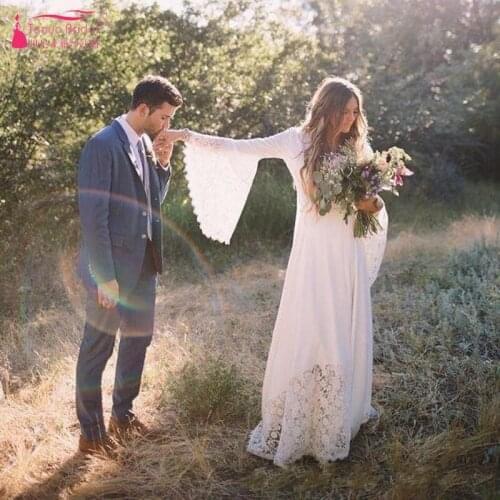 Bohemian Long Wedding Dresses Flare Sleeves Lace A Line Boho Bridal Gown Customize Vintage Bride Dress MBP09