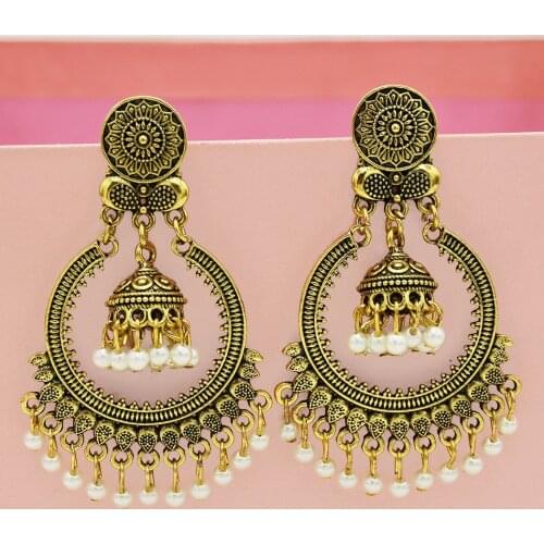 Ethnic Vintage Womens Geometric Turkish Jhumka Earrings Indian Jewelry Gold Bell Tassel bead Dangling Earrings Turkey Jewelry