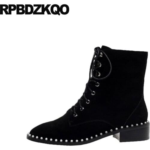 Chinese Block Winter Black Front Lace Up Casual Ankle Boots Autumn 10 Plus Size Pearl Women Big Sheepskin Chunky Shoes Brand Mid