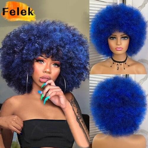 Short Hair Afro Kinky Curly Wigs With Bangs For Black Women African Synthetic Ombre Glueless Cosplay Wigs High Temperature Felek