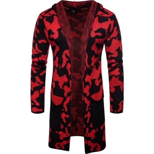 Mens Wool Cardigan Autumn Winter Warm Thick Camouflage Hooded Slim Fit Long Sweaters Knitted Cotton Casual Male Jacket