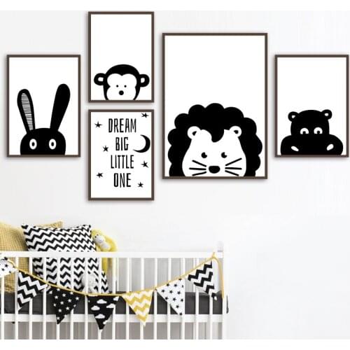Nordic Wall Art Canvas Painting Lion Rabbit Hippo Monkey Dream Prints and Posters Black White Picture Baby Kids Room Decoration