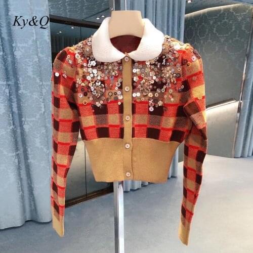 2020 Autumn Winter New Heavy Industry Luxury Sweater Cardigan Plaid Temperament Women Beading Doll Collar Knitted Coat Tops