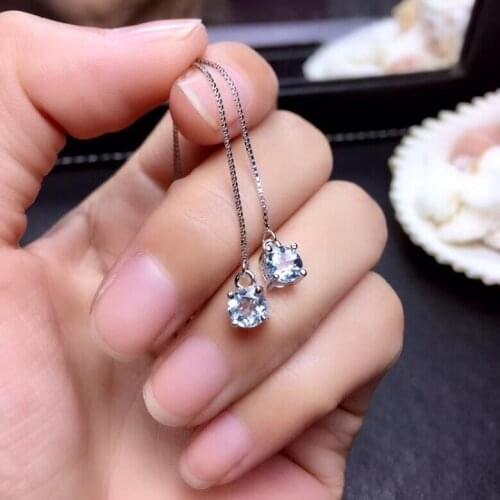 Natural light blue topaz gem drop earrings Natural gemstone earrings Elegant Simple round 925 silver girl party gift jewelry