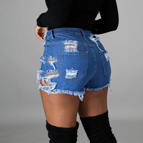Sexy Hole Blue Denim Shorts Women High Stretch Straight Ripped Streetwear Jeans Shorts Lady Sexy Club Short Jeans Female Summer