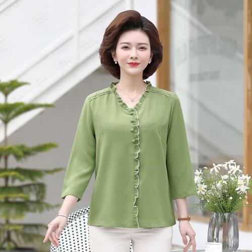 Elegant V Neck Button Office Lady Blouse Shirt Autumn Spring 3/4 Sleeve Women Tops Pullover Ruffle Casual Blusas 5XL Clothes