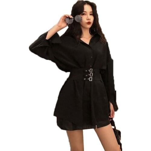 2021 Spring Summer New Fashion Women Coat Jacket Loose Mid-Length Black Shirt Tops Metal Buckle Waist Dress Female Vestidos